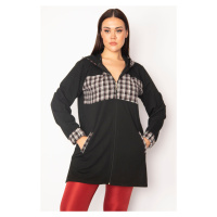 Şans Women's Plus Size Black Checkered Detailed Hooded Coat