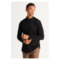 ALTINYILDIZ CLASSICS Men's Black Slim Fit Narrow Cut Button Collar Pique Patterned Knitted Shirt
