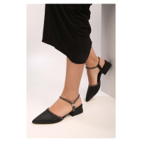 Shoeberry Women's Tine Black Satin Stone Heeled Shoes