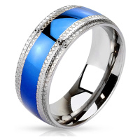 Ocelový prsten - modrý pruh uprostřed, vroubkované okraje