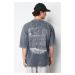 Trendyol Anthracite Oversize/Wide-Fit Faded Effect Text Printed 100% Cotton T-Shirt