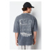 Trendyol Anthracite Oversize/Wide Cut Faded Effect Text Printed 100% Cotton T-Shirt