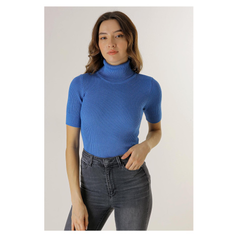 By Saygı Turtleneck Short Sleeve Flush Viscose Silvery Lycra Sweater