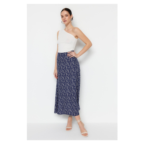 Trendyol Blue Floral Pattern Viscose Woven Midi Skirt