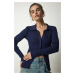 Happiness İstanbul Women's Navy Blue Buttoned Ribbed Knitwear Sweater