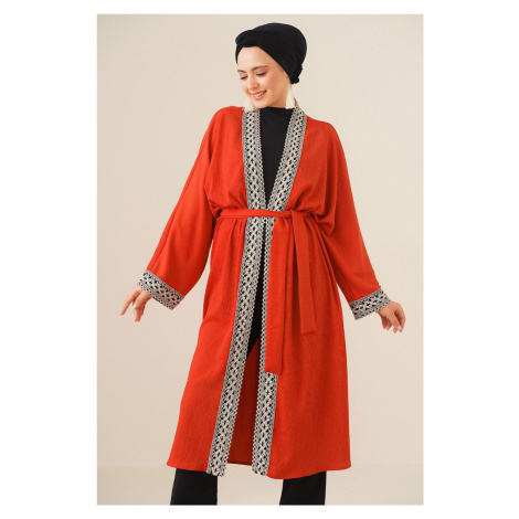 Bigdart 5865 Pletené dlouhé kimono s výšivkou - cihlově červená
