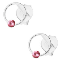 Puzetové náušnice, stříbro 925, tenký kroužek s růžovým krystalkem Swarovski