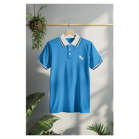 Trendyol Blue Men's Slim/Narrow Cut Horse Embroidered 100% Cotton Polo Collar T-Shirt