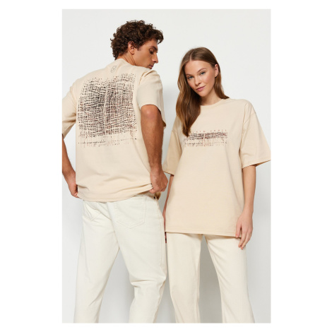 Trendyol Beige Unisex Oversize Revolution Erbil Printed Knitted T-Shirt