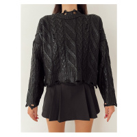 Laluvia Black Foil Print Ripped Detailed Sweater