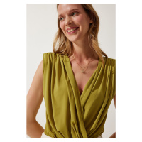 Happiness İstanbul Women's Oil Green Wrapover Collar Wadding Snap Knitted Blouse