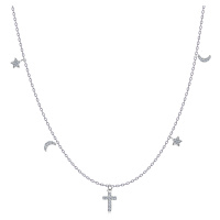 Náhrdelník z 925 stříbra - křížek, hvězdy a měsíčky, čiré zirkony