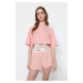 Světle růžová bavlněná elastická T-shirt-šortky pletená pyžamová souprava od Trendyol