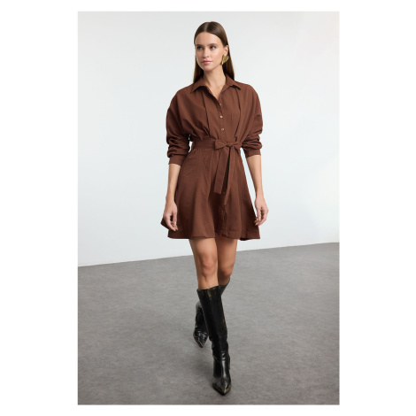 Trendyol Brown Mini Woven Shirt Dress with Open Waist Skirt