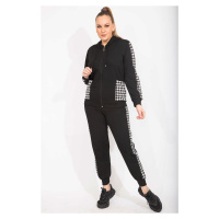 Şans Women's Plus Size Black Houndstooth Garnish Sweatshirt Trousers Double Suit