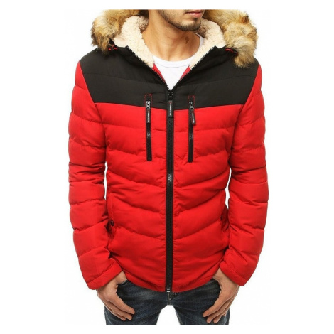 červeno-černá pánská zimní bunda s kožíškem