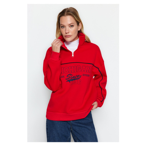 Trendyol Red Zipper Printed Oversized Thick Fleece Inside Knitted Sweatshirt