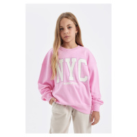 DEFACTO Girl Pink Oversize Wide Pattern Crew Neck Printed School Sweatshirt