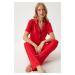 Happiness İstanbul Women's Red Piping Detailed Shirt Trousers Pajama Set