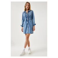 Happiness İstanbul Women's Light Blue Pocket Mini Denim Dress