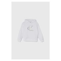Dětská mikina Calvin Klein Jeans bílá barva, s kapucí, s aplikací