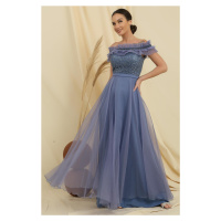 By Saygı Lined Long Tulle Dress with Beading Embroidered Top