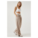 Happiness İstanbul Women's Beige Contrast Waist Detailed Striped Woven Trousers