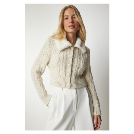 Happiness İstanbul Women's Cream Shearling Collar Patterned Knitwear Cardigan