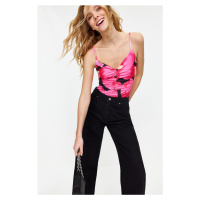 Trendyol Pink Floral Pattern V Neck Flexible Snaps Knitted Bodysuit