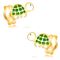 Náušnice ve žlutém zlatě 14K - malá zelenobílá želva s černým očkem