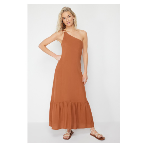 Trendyol Brown Midi Woven Accessory One-Shoulder Beach Dress