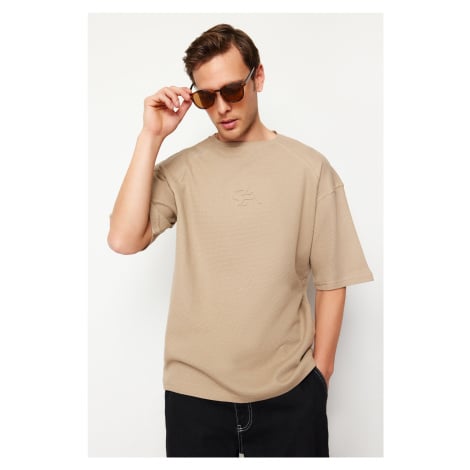 Trendyol Premium Mink Oversize/Wide-Fit Textured Waffle Fluffy Text Printed T-Shirt