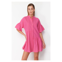 Trendyol Pink Wide Fit Mini Woven Frilly Beach Dress