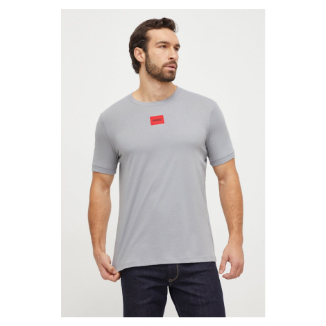 Bavlněné tričko HUGO šedá barva, s aplikací Hugo Boss
