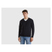 Benetton, Black V-neck Sweater In Pure Merino Wool