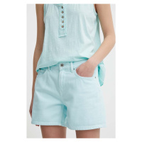 Džínové šortky Pepe Jeans STRAIGHT SHORT HW dámské, tyrkysová barva, hladké, high waist, PL80110