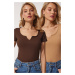 Happiness İstanbul Women's Brown Biscuit Sweetheart Neck Ribbed 2-Pack Crop Knitted Blouse