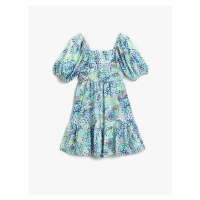 Koton Patterned Midi Dress with Balloon Sleeves and Ruffles