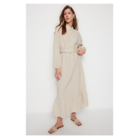 Trendyol Beige Fabric Covered Belted Seersucker Woven Dress