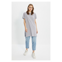 Trendyol Gray 100% Cotton Basic Short Sleeves Slit Single Jersey T-Shirt
