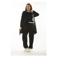 Şans Women's Plus Size Black Cup And Print Detailed Sweatshirt Trousers Double Tracksuit Suit