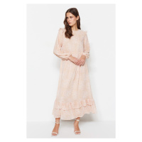 Trendyol světle růžové květinové volánky detail lemované tkané šifonové šaty