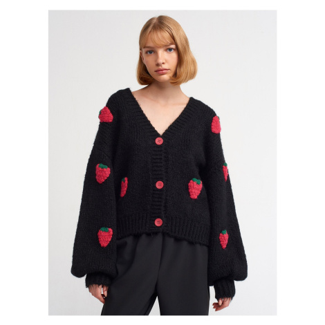 Dilvin 60185 V Neck Strawberry Embroidered Balloon Sleeve Knitwear Cardigan-black