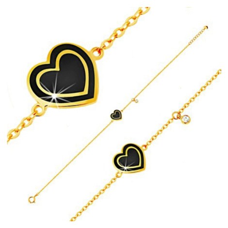 Náramek ze žlutého zlata 585, přívěsky - zirkonek a srdce s černou glazurou Šperky eshop