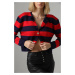 74390 Dewberry Crew Neck Striped Crop Cardigan-RED-NAVY