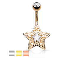 Ocelový piercing do bříška - vyřezávaná hvězdička s blýskavým zirkonem uprostřed - Barva piercin