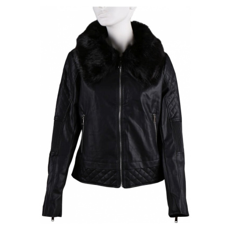 Černá dámská koženková bunda na zip s výrazným límcem