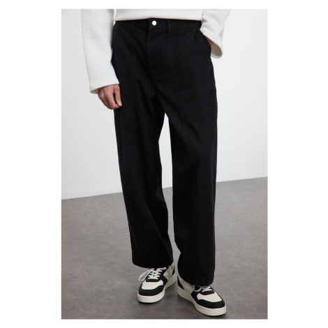 Trendyol Black 100% Cotton Unisex Balloon Fit Waist Tie Detail Woven Gabardine Trousers