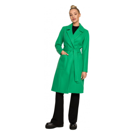 M708 Fleecový kabát s páskem a kapsami - zelený Moe