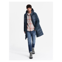 Ombre Men's quilted long jacket with large pockets - navy blue